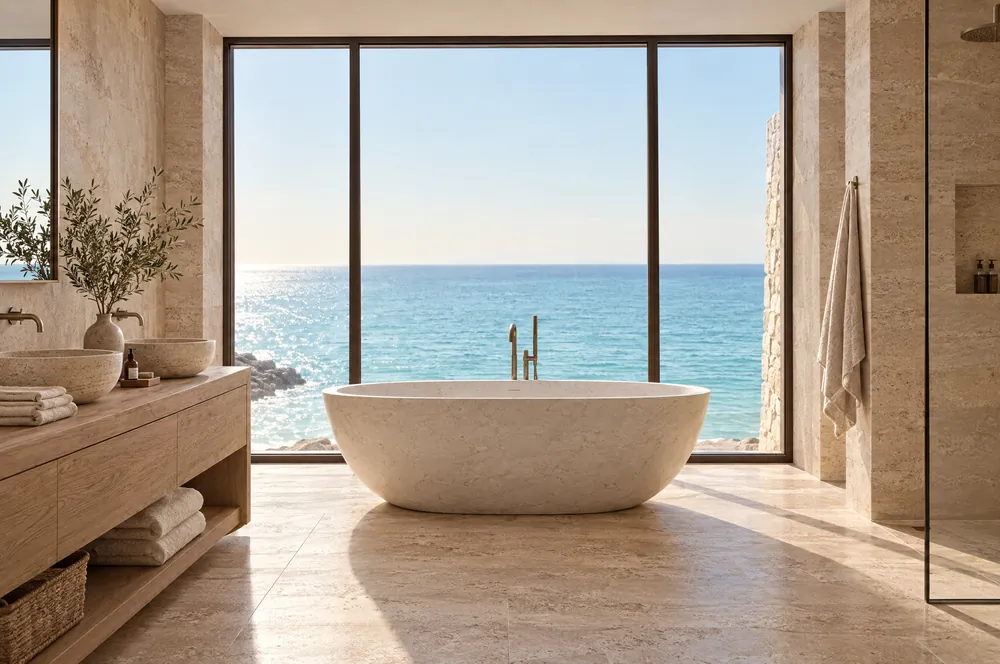 Bathroom with a freestanding stone tub facing the sea