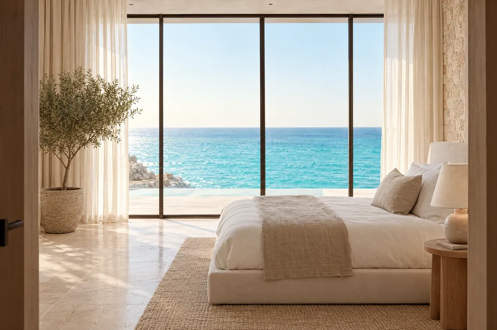 Bedroom with a floor-to-ceiling window and sea view