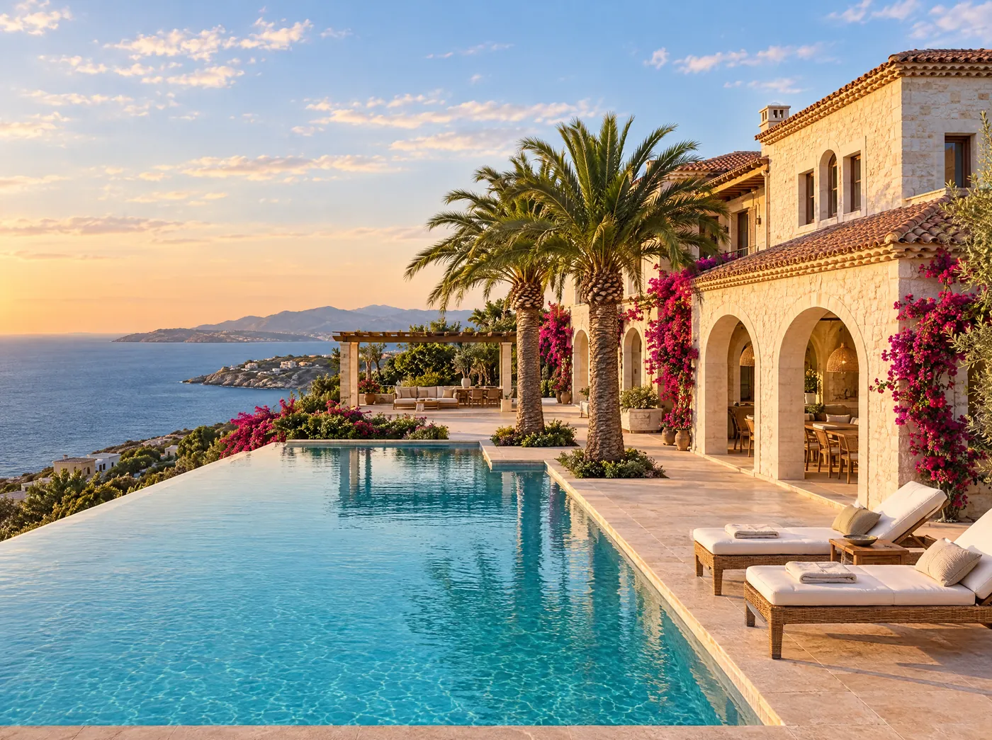 Stone villa with arched loggia, bougainvillea and an infinity pool above the sea