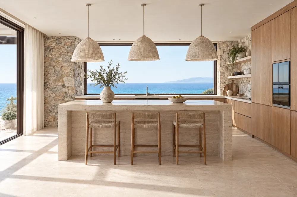 Kitchen with a travertine island, oak cabinets and a window onto the sea