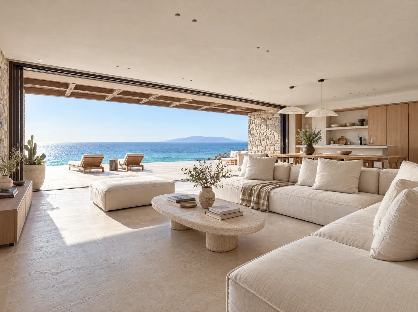 Living room with the glass wall open onto a sea-view terrace