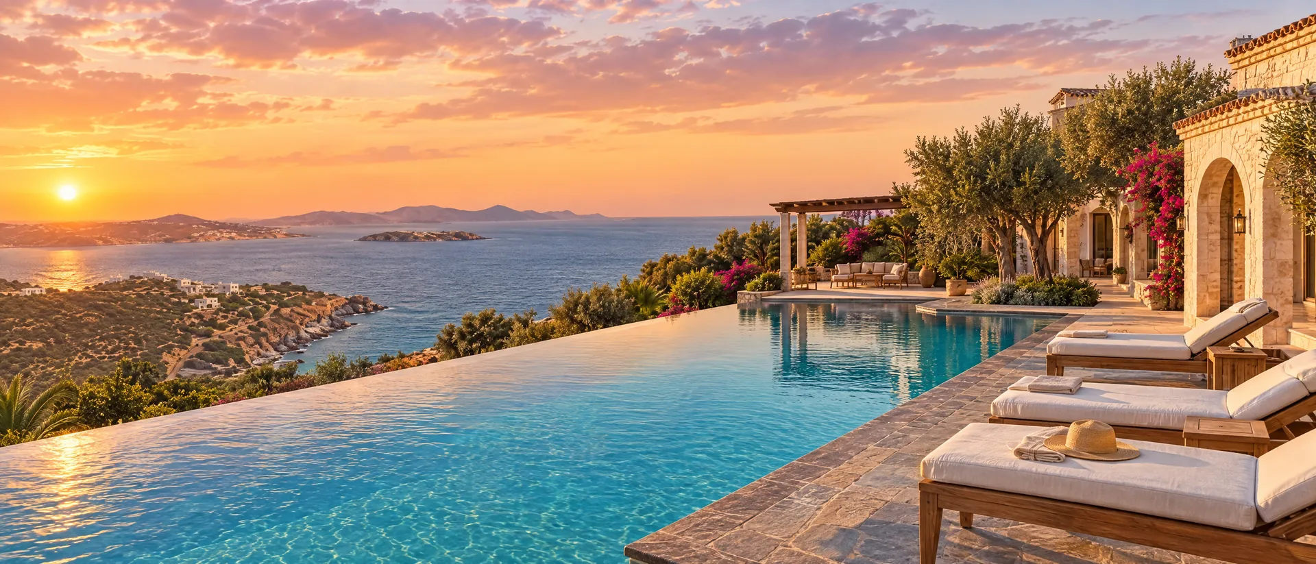 Infinity pool terrace with sun loungers at sunset